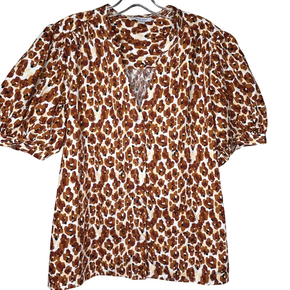 Nine West Blouse 2XL-women 100% cotton Brown Leopard Print Short Puff Sleeves